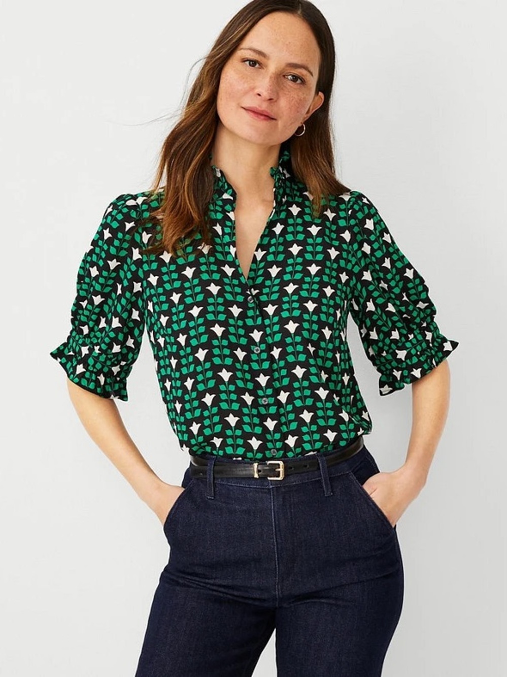 Ann Taylor Floral Tile Ruffle Button Top in Green and Black